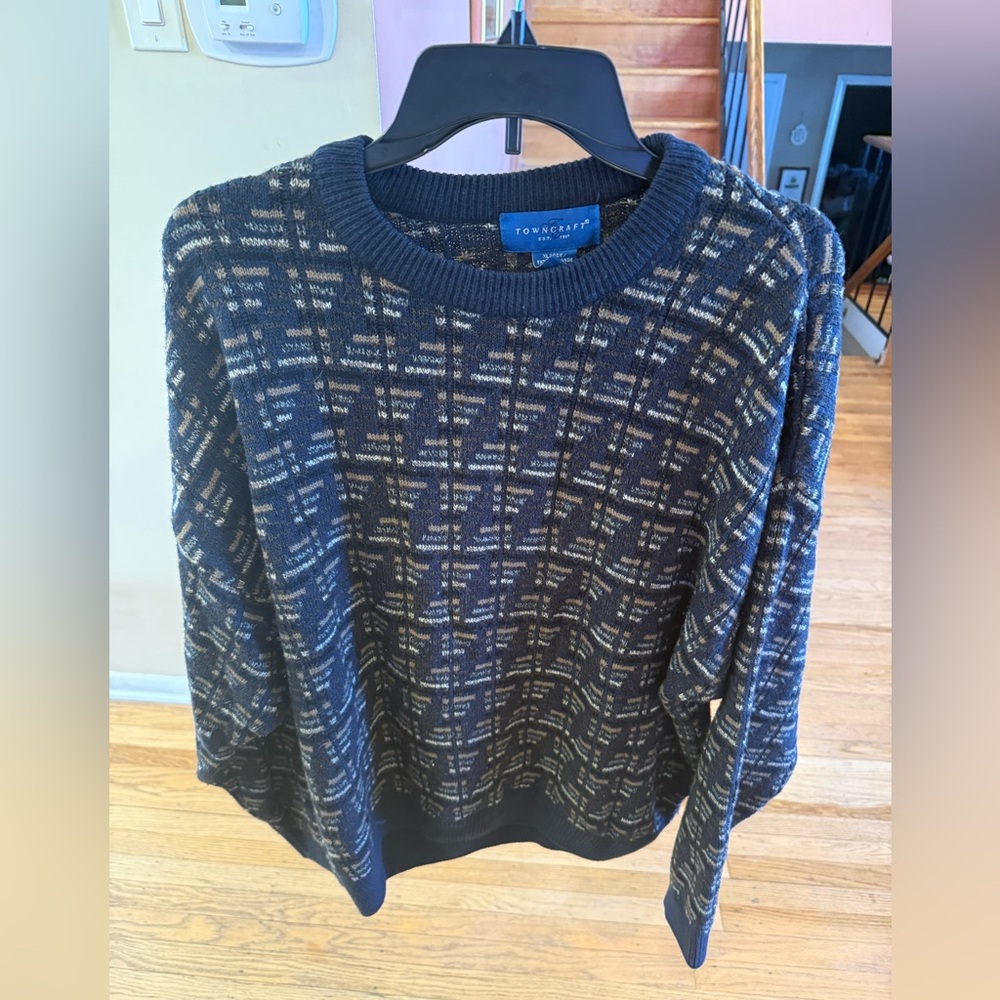Men’s Towncraft Textured Knit Sweater Blue Tan Pattern Size XL
